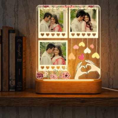 Personalized Wedding & Valentine's Day Gift for Couples, Husband, Wife Decorative Bedside Night Light with Heart Hands Design and Wood Stand